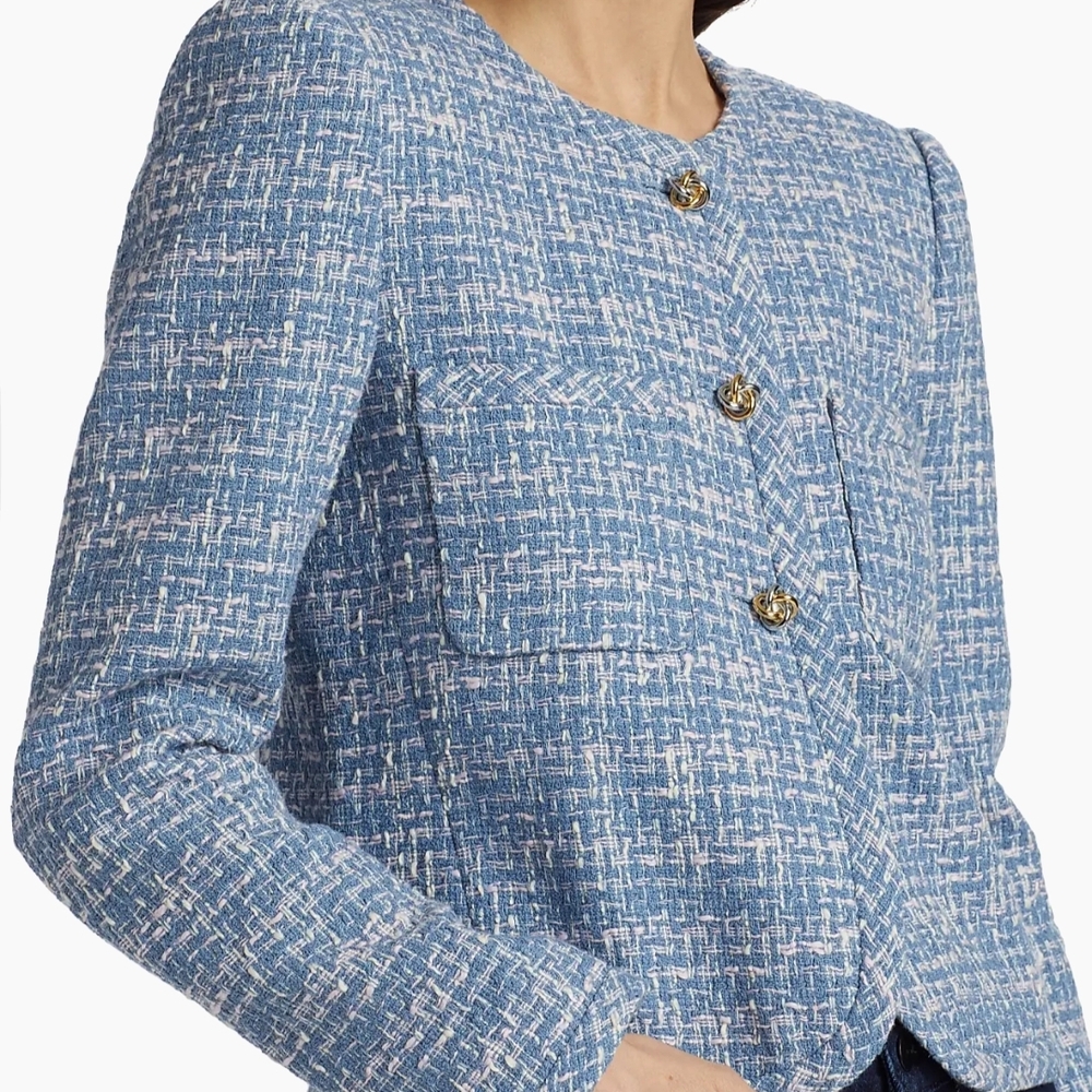 Derek Lam 10 Crosby Emilia Tweed Collarless Jacket – Cobalt Multi | Cropped - Picture 2 of 6